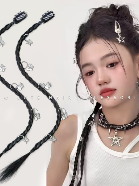 女孩爵士舞头饰项链儿童街舞演出假发辫子发夹配饰女童银色辫发饰