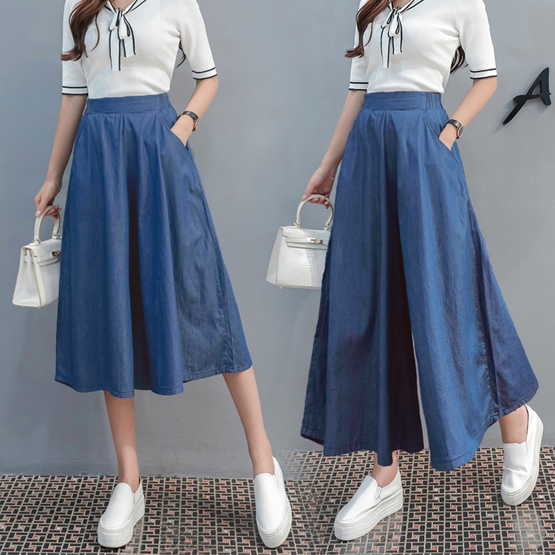 TENCEL CROPPED HAKAMA WOMENS SUMMER 2024 NEW LOOSE THIN ELASTIC WAIST INS ICE SILK DENIM WIDE-LEGGED CULOTTES WOMEN