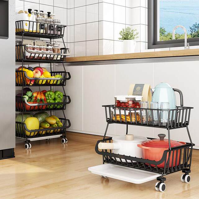 Kitchen storage rack 2-3-4-5-6 floors mobile fruit and vegetable basket trolley bowls and dishes seasoning storage rack black
