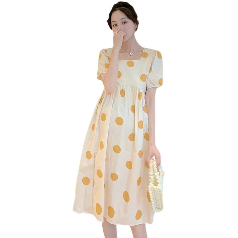 MATERNITY DRESS SUMMER TRENDY MOM LOOSE BELLY COVERING FASHIONABLE POLKA DOT MATERNITY DRESS TEMPERAMENT SHORT SLEEVE MATERNITY SUIT FEMALE