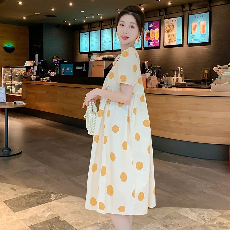MATERNITY DRESS SUMMER TRENDY MOM LOOSE BELLY COVERING FASHIONABLE POLKA DOT MATERNITY DRESS TEMPERAMENT SHORT SLEEVE MATERNITY SUIT FEMALE