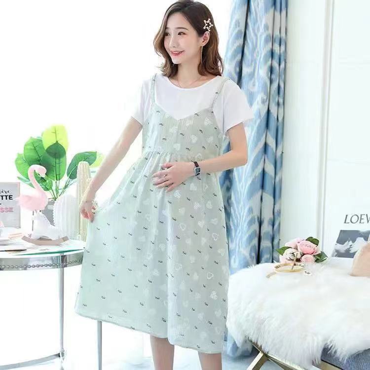 MATERNITY CLOTHES SUMMER CLOTHES PLUS-SIZE SHORT-SLEEVED KOREAN VERSION CASUAL AND FOREIGN FASHIONABLE LOOSE MID-LENGTH FAKE TWO-PIECE PRINTED DRESS