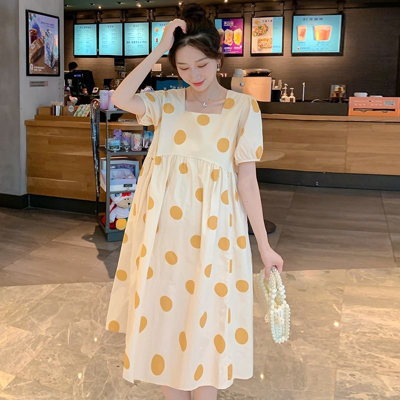 MATERNITY DRESS SUMMER TRENDY MOM LOOSE BELLY COVERING FASHIONABLE POLKA DOT MATERNITY DRESS TEMPERAMENT SHORT SLEEVE MATERNITY SUIT FEMALE