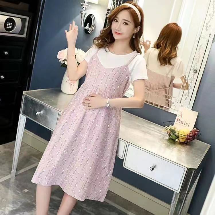 MATERNITY CLOTHES SUMMER CLOTHES PLUS-SIZE SHORT-SLEEVED KOREAN VERSION CASUAL AND FOREIGN FASHIONABLE LOOSE MID-LENGTH FAKE TWO-PIECE PRINTED DRESS