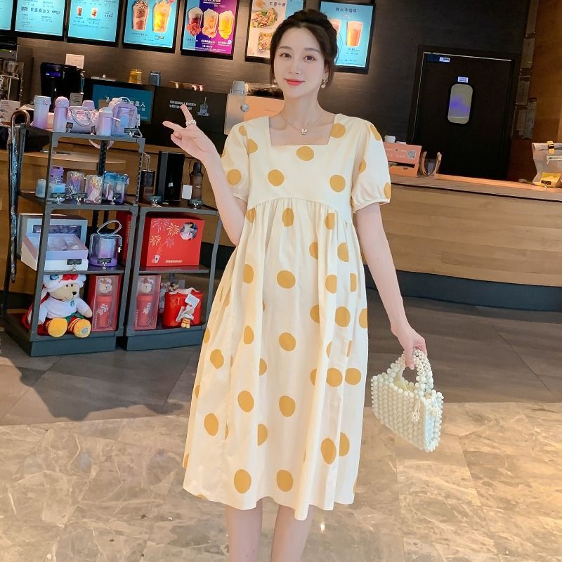 MATERNITY DRESS SUMMER TRENDY MOM LOOSE BELLY COVERING FASHIONABLE POLKA DOT MATERNITY DRESS TEMPERAMENT SHORT SLEEVE MATERNITY SUIT FEMALE