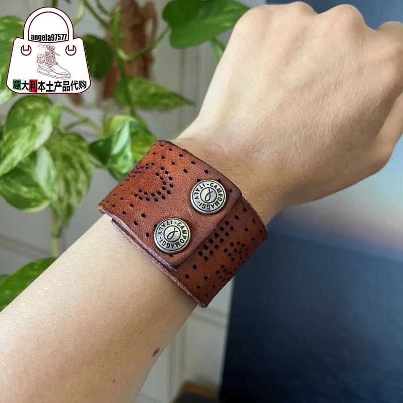 CAMPOMAGGI VEGETABLE TANNED COWHIDE BRACELET MENS AND WOMENS NICHE CAMPO MAGI CUT-OUT ENGRAVED LETTER WIDE BRACELET HANDMADE