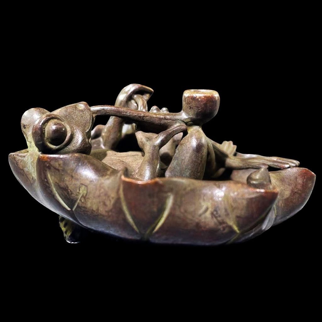 복고풍 구식 합금 구리 향 삽입 구리 연꽃 잎 개구리 향 가정 장식 골동품 기타 공예 장식품