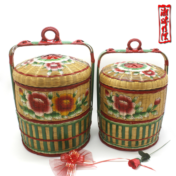 潮汕传统婚嫁娶用品纯手工两层春盛 二层春盛手绘潮州花篮竹篮子