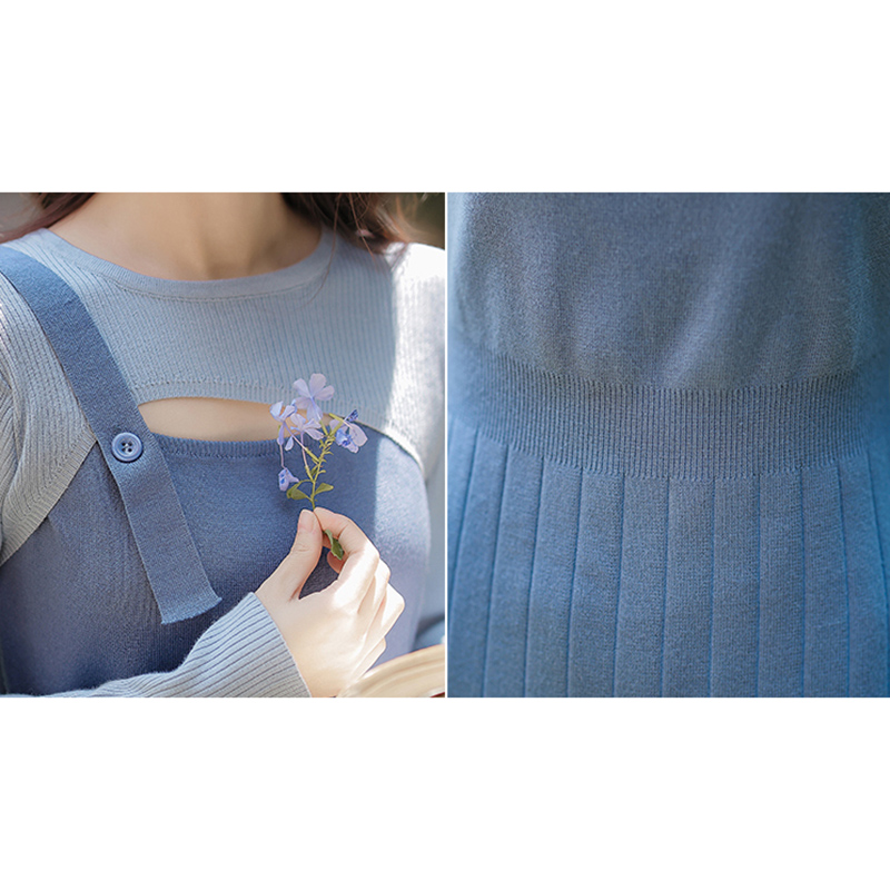 DRESS WOMENS KOREAN VERSION LONG-SLEEVED WAIST STITCHING FAKE TWO-PIECE KNITTED LONG SKIRT FOR WOMEN