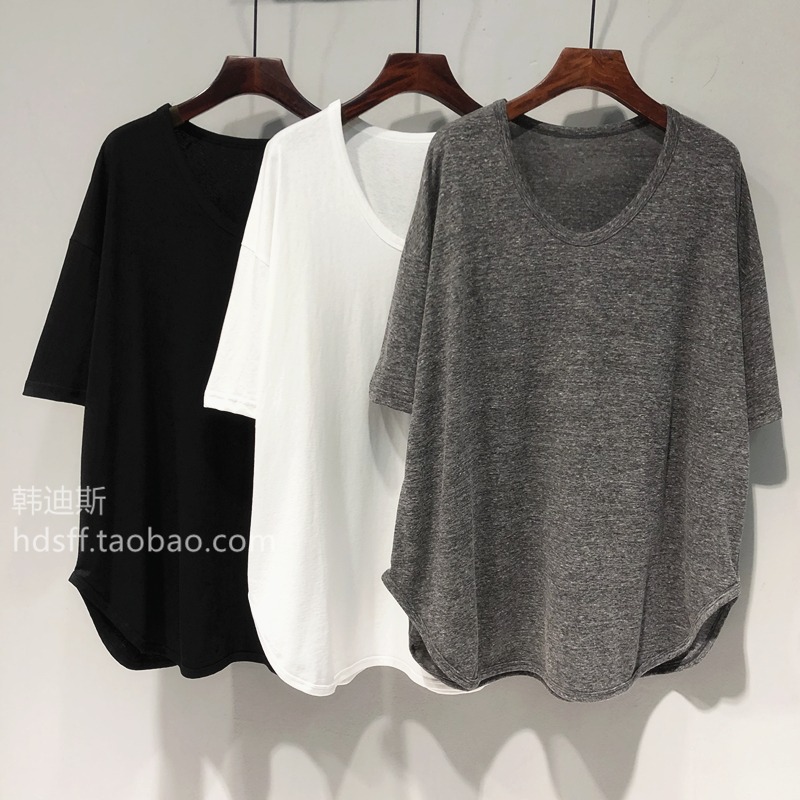 FOREIGN TRADE ORIGINAL SINGLE WITHDRAWAL CABINET TAIL GOODS SHORT-SLEEVED T-SHIRT WOMENS SUMMER KOREAN VERSION LOOSE AND LAZY BF WIND CURVED HEM U-NECK TOP