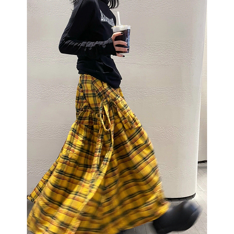 LAZY STYLE RETRO CONTRASTING CHECK SKIRT WOMENS SUMMER NEW HIGH-WAISTED SLIM TEMPERAMENT PLEATED STRAPPY SKIRT WOMEN