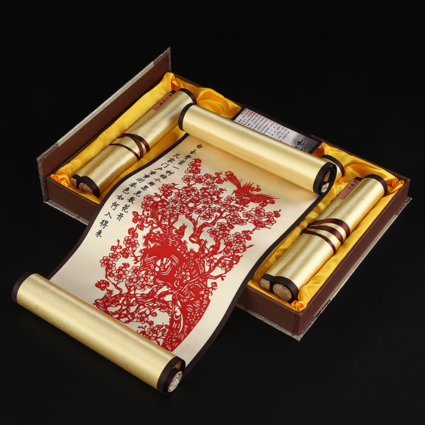 剪纸挂画丝绸装饰画中国风特色礼品送老外出国小礼物手工艺品卷轴