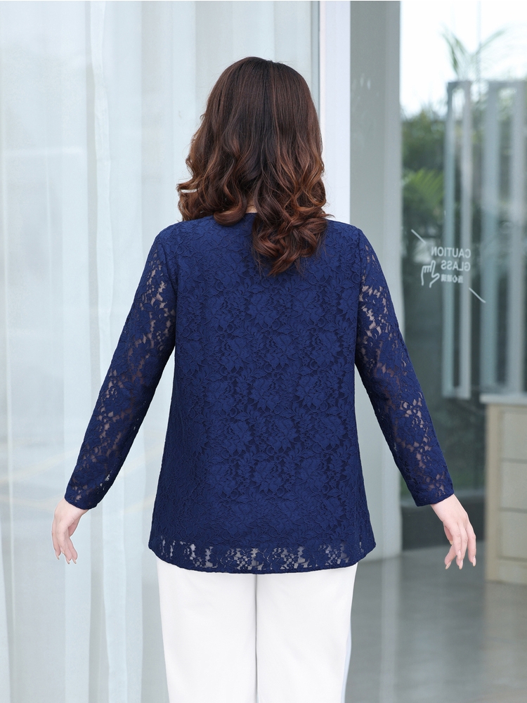 FAT MM LACE BASE SHIRT PLUS SIZE WOMENS 2024 NEW TOP FASHION AGE REDUCTION MOM LONG SLEEVE T-SHIRT CASUAL