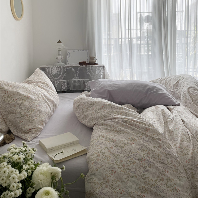 Ins gentle French cotton three 4 four-piece set floral fresh pure cotton literary student dormitory bed sheet hat quilt cover