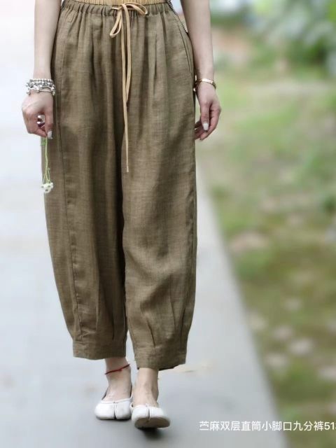 100% Ramie double-layer casual straight-leg pants 2025 summer new elastic waist loose sun protection pants