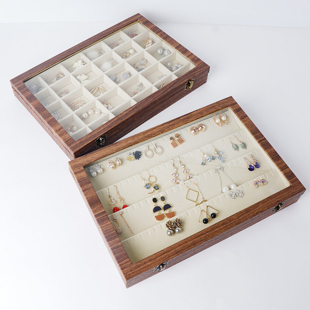 Spot wood grain leather jewelry box earring earrings necklace storage box household large capacity anti-oxidation jewelry box