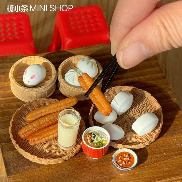 糖小条迷你豆浆油条微缩模型食玩馒头包子娃用早点摊场景道具