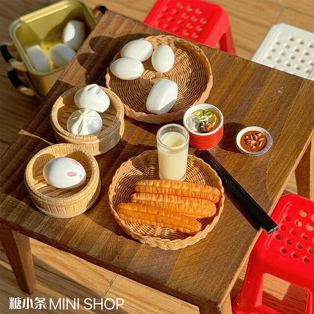 糖小条迷你豆浆油条微缩模型食玩馒头包子娃用早点摊场景道具