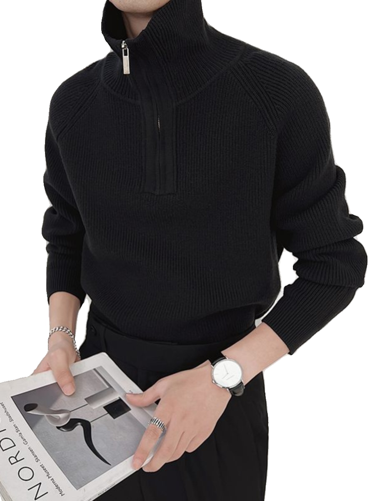 MENS HIGH-END SWEATER HEAVY AUTUMN WINTER 2023 NEW WINTER HALF ZIP BASE LAYER STAND UP COLLAR KNIT