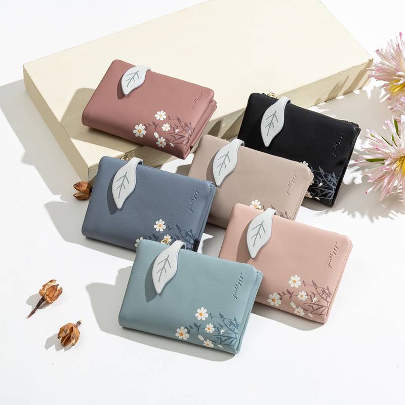 LEATHER GOODS 2022 WALLET SHORT KOREAN SOFT PRINT LEAF BUCKLE SIMPLE SCHOOL GIRL COIN PURSE