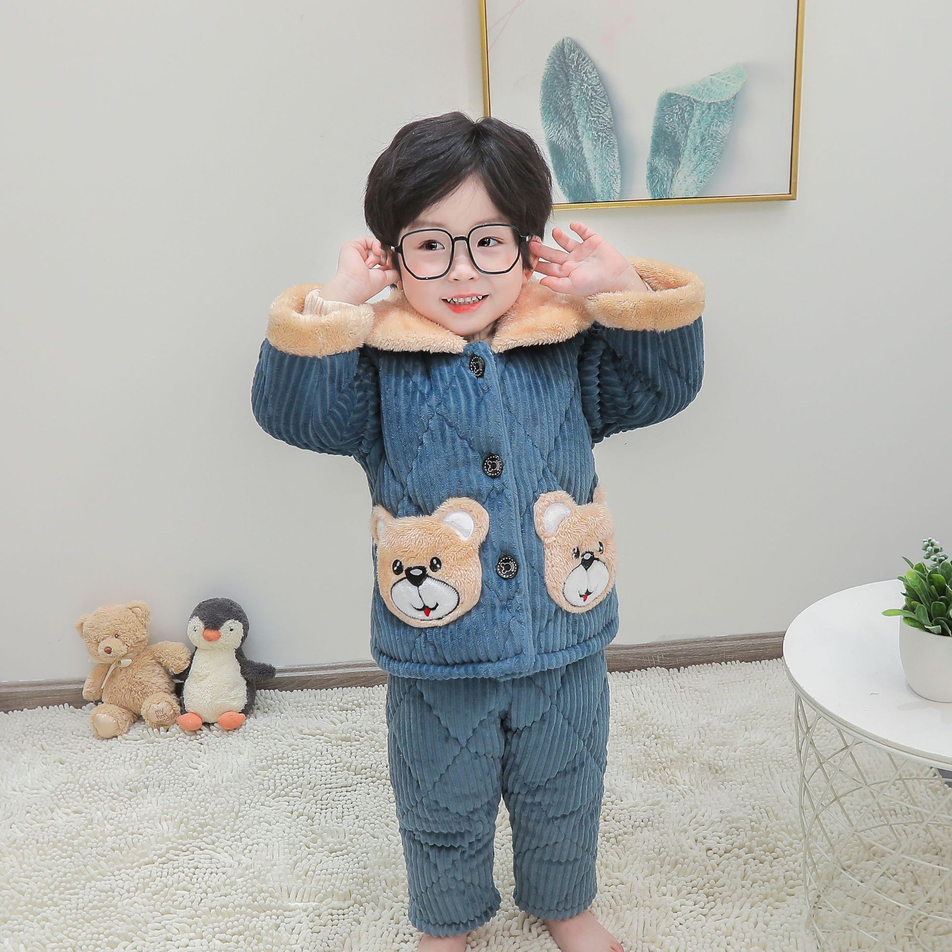 TWO-YEAR-OLD BABY BOY WINTER VELVET THICK LOUNGEWEAR 1 TO 3 YEARS OLD BOY 2 COTTON WARM 4 SMALL AND MEDIUM-SIZED CHILDRENS PAJAMA SET