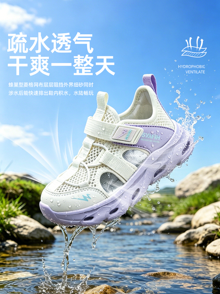 双星儿童凉鞋女孩夏季2026新款可下水轻便软底夏天透气包头运动鞋 — 2