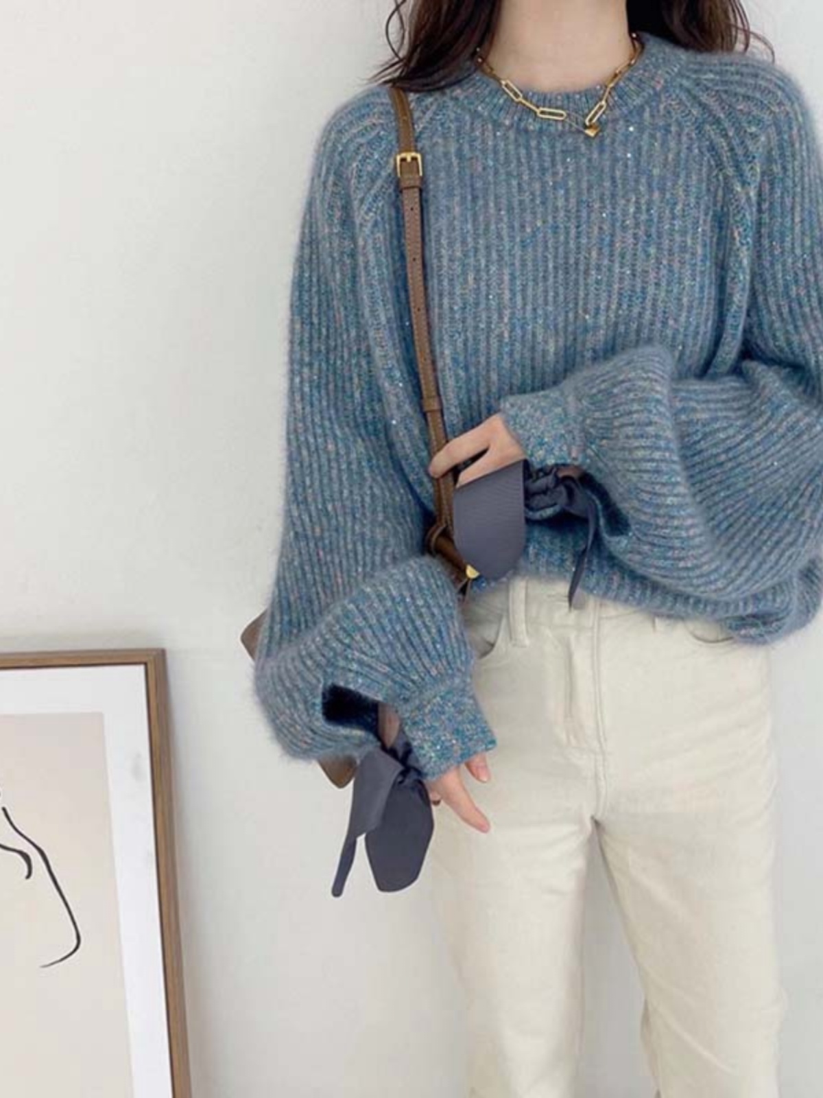 2024 NEW HOT STYLE HIGH-END GOTHIC BOW STARRY SKY SEQUINS RACCOON FLEECE SWEATER WOMENS LOOSE SCARF