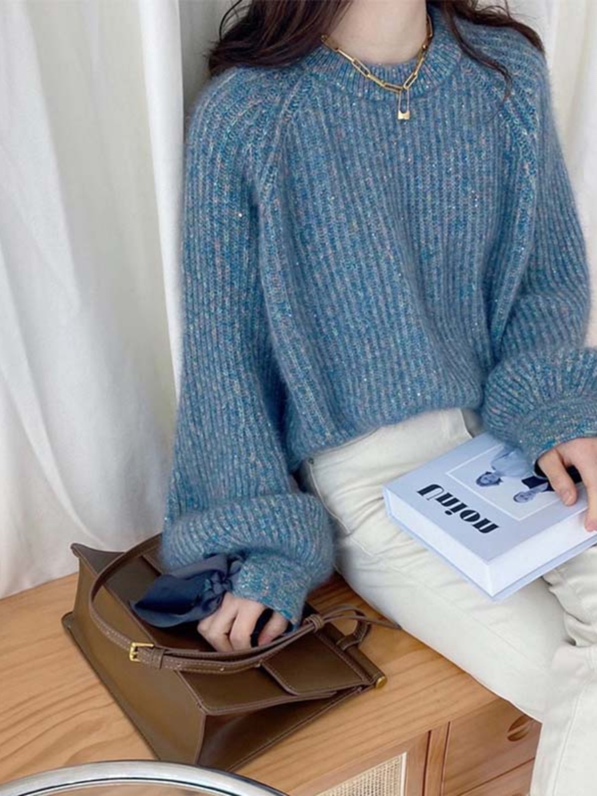 2024 NEW HOT STYLE HIGH-END GOTHIC BOW STARRY SKY SEQUINS RACCOON FLEECE SWEATER WOMENS LOOSE SCARF