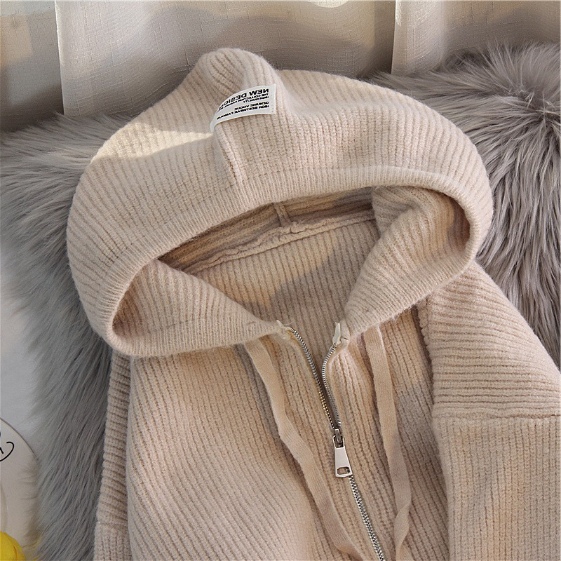 2024 NEW FALL|WINTER JAPANESE LAZY RETRO SOLID COLOR HOODED KNITWEAR ZIP UP SWEATER JACKET WOMENS CARDIGAN