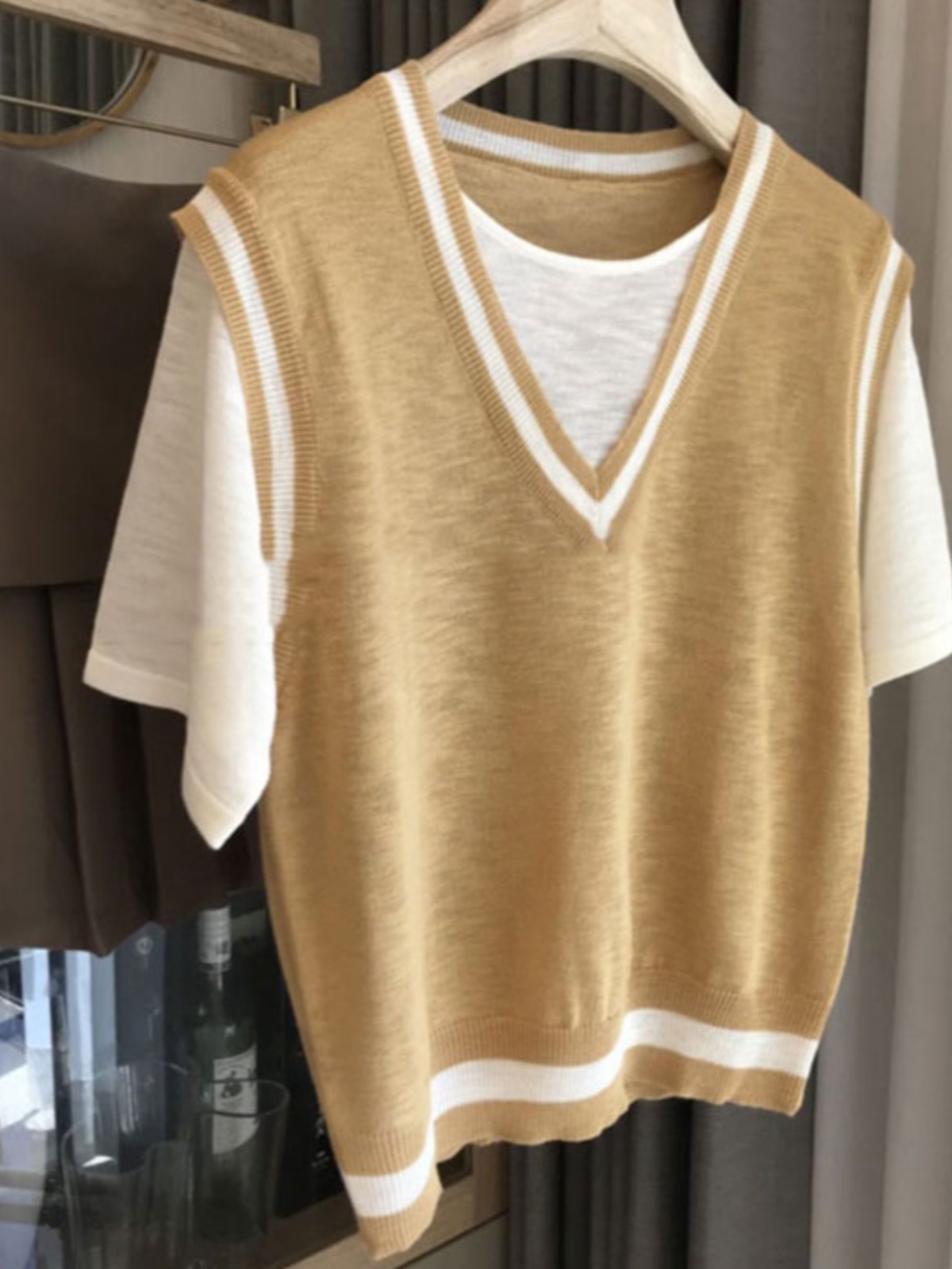 2024 NEW EUROPEAN STANDING SHOULDER LOOSE FAKE TWO KNIT SHORT SLEEVE T-SHIRT WOMENS SUMMER DESIGN SENSE NICHE TOP