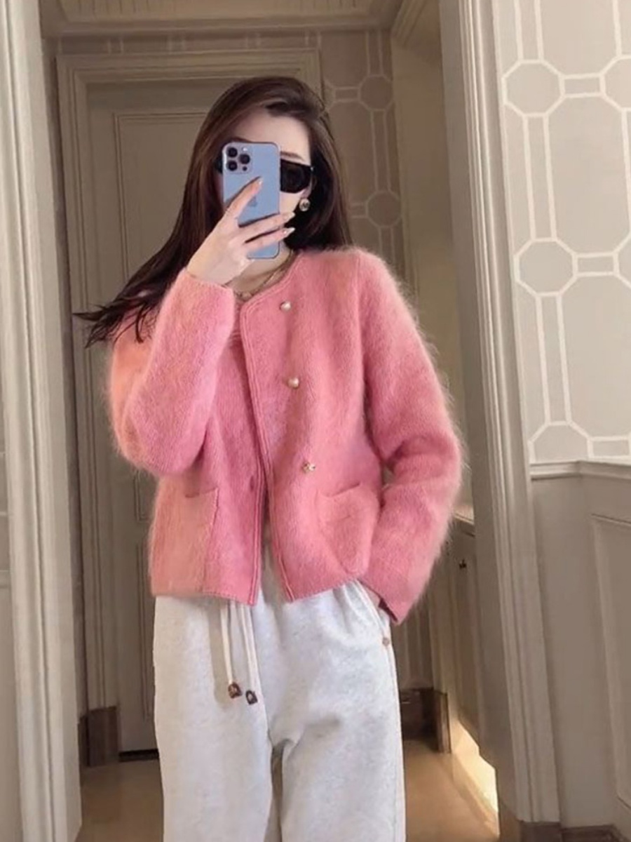 2024 NEW STYLE LAZY STYLE PINK RACCOON FLEECE MILK FUFU SWEATER KNITTED CARDIGAN JACKET WOMENS AUTUMN AND WINTER