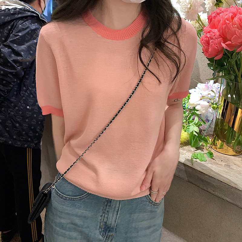 2024 NEW CONTRASTING CREW NECK TOP PINK SHORT SLEEVE ICE SILK KNIT T-SHIRT WOMENS SUMMER THIN DESIGN SENSE NICHE