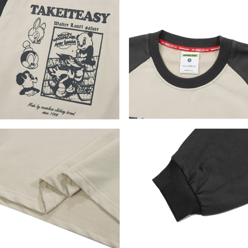 [LOOKING FOR HUMANS] 2024 AMERICAN CLASSIC FUN CARTOON PRINT CASUAL LOOSE COUPLE RUBBING ROUND NECK