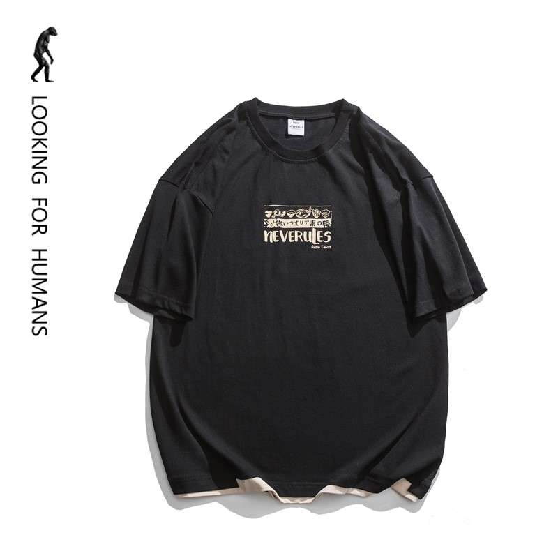 [LOOKING FOR HUMANS] 2024 COUPLE CREATIVE FAKE TWO-PIECE DESIGN JAPANESE LOOSE AND VERSATILE SHORT SLEEVES SUPER COMFORTABLE