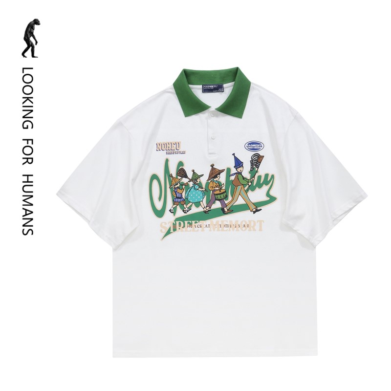 [LOOKING FOR HUMANS] COUNTRYSIDE TRIP 2024 COUPLE LAPEL CARTOON PRINT FASHION CASUAL POLO SHORT SLEEVE