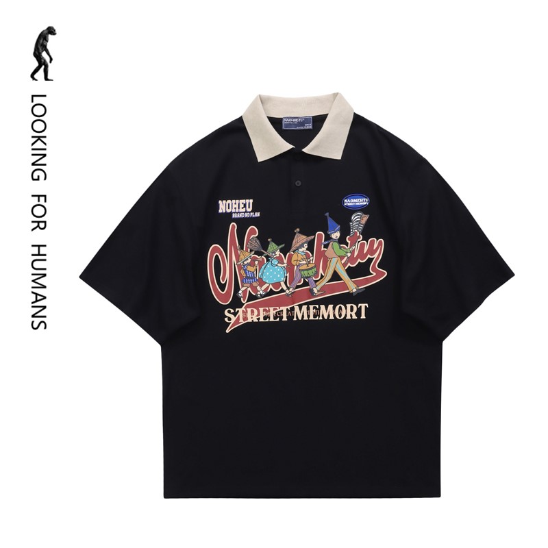 [LOOKING FOR HUMANS] COUNTRYSIDE TRIP 2024 COUPLE LAPEL CARTOON PRINT FASHION CASUAL POLO SHORT SLEEVE