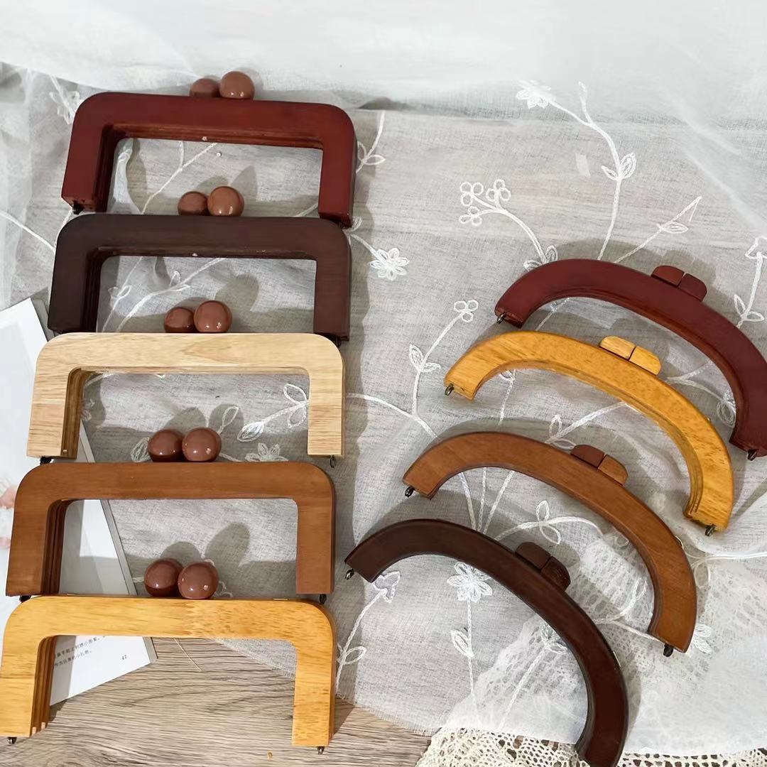 SEND DRAWINGS >> 20CM RETRO SQUARE WOODEN MOUTH GOLD HALF-ROUND WOODEN WRIST HANDMADE MOUTH GOLD BAG ACCESSORIES SET