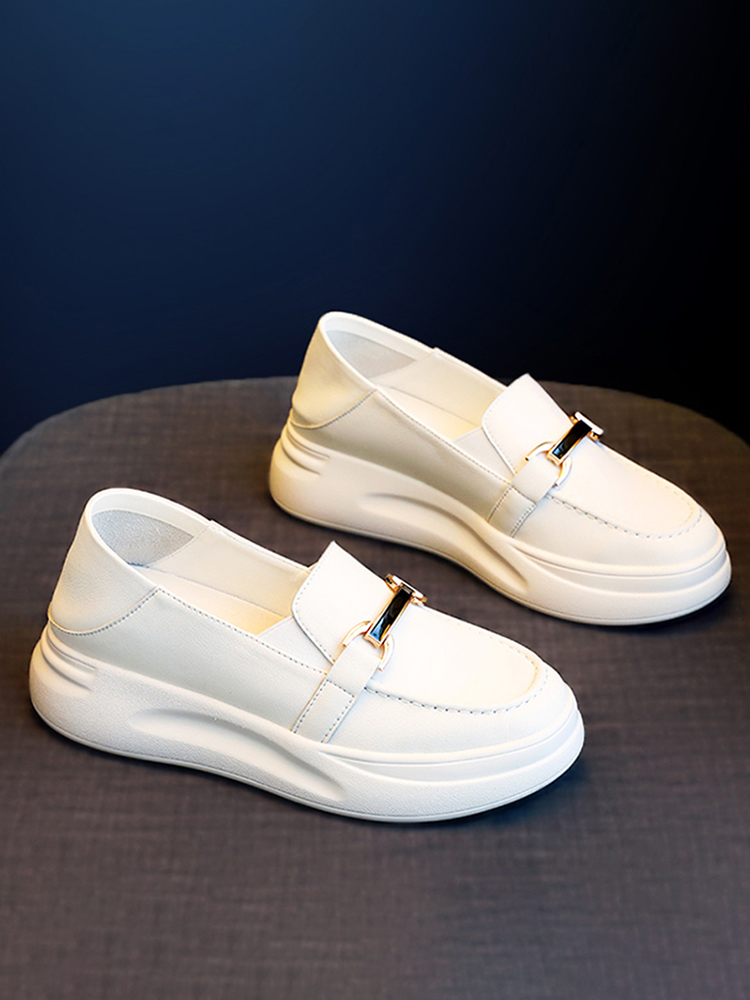 MILAN STUDIO LITTLE WHITE SHOES WOMENS 2024 NEW THICK-SOLED CASUAL CHAIN BUCKLE SLIP-ON SMALL LEATHER SHOES WOMEN