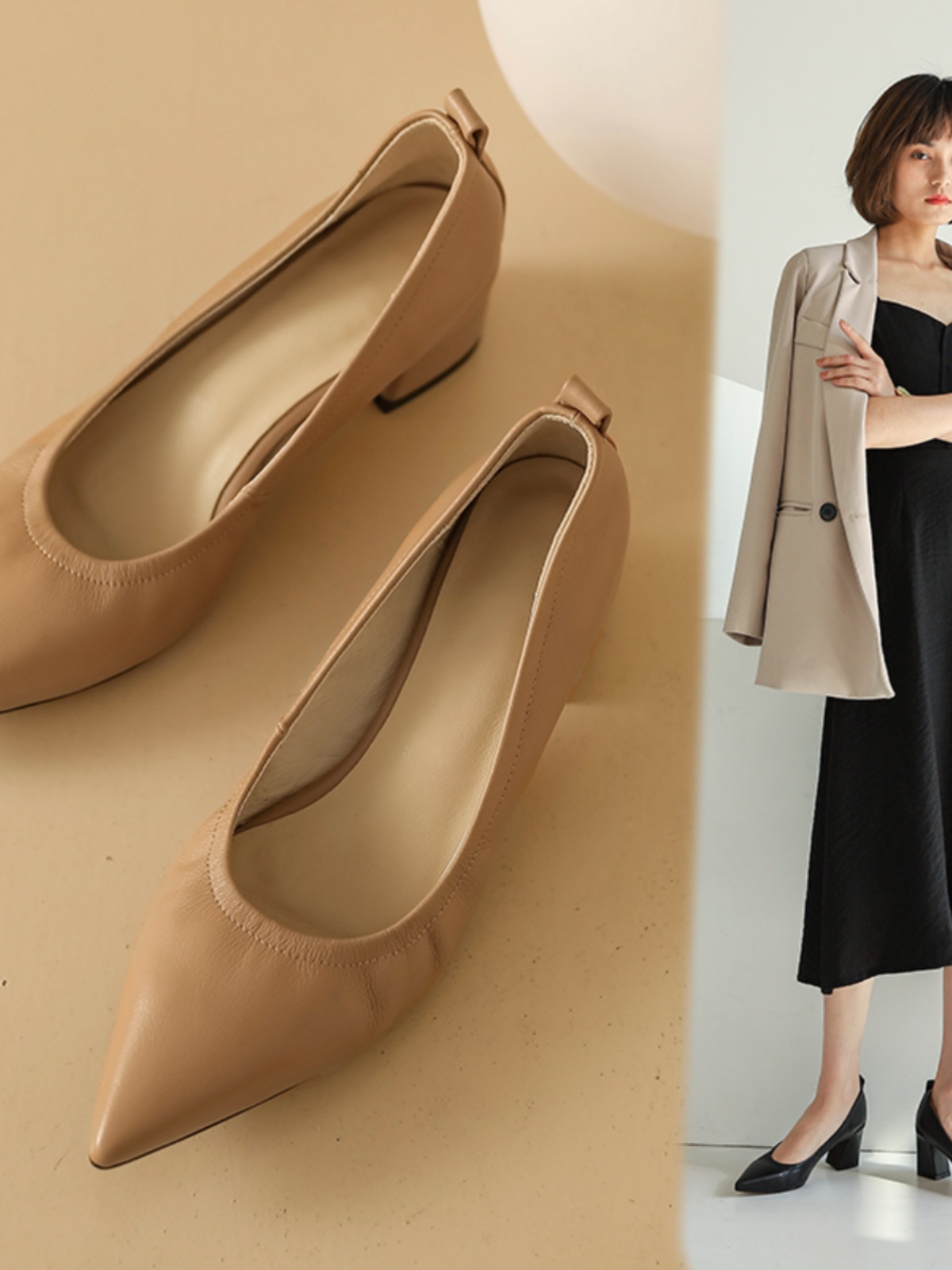 밀라노 스튜디오 싱글 슈즈 여성용 부드러운 소가죽 두꺼운 굽 할머니 신발 세련된 신축성 탑 누드 컬러 미디엄 힐 편안한 여성 구두