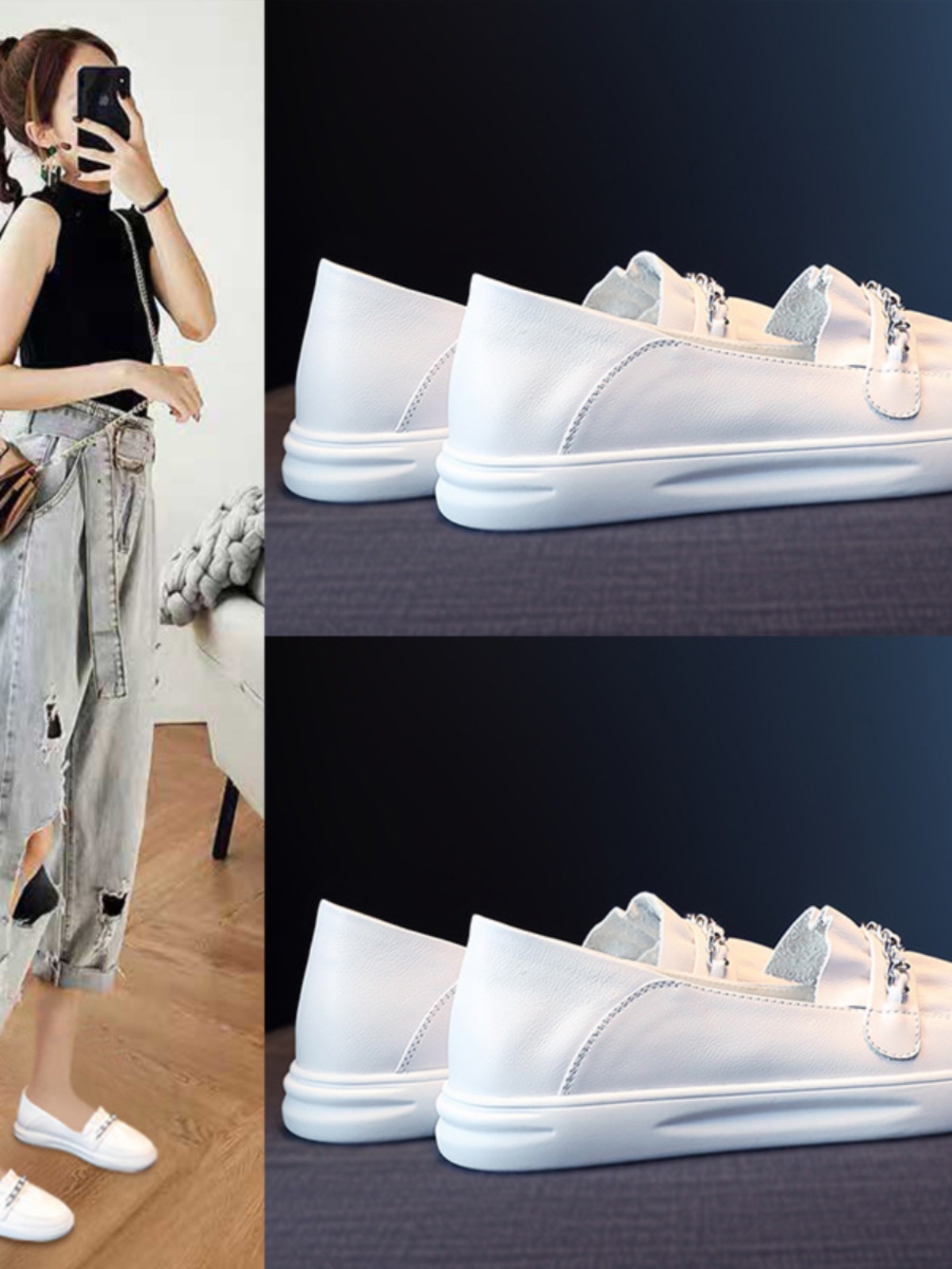 밀란 스튜디오 여성용 플랫 바닥 화이트 슈즈 2024 여성용 신상 슬립온 라운드 토 로퍼