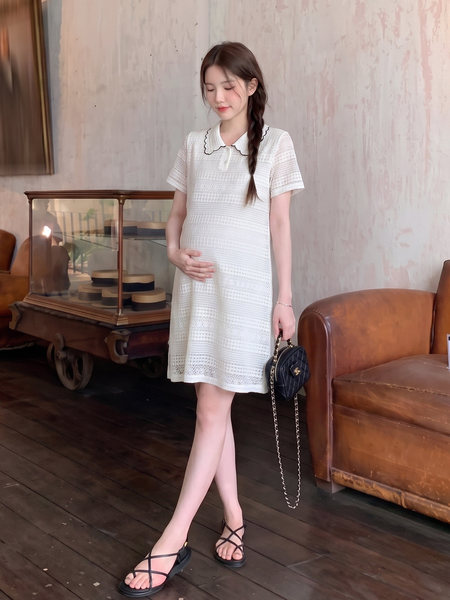 孕妇装女夏连衣裙2026新款法式宽松遮肚花边polo领长裙夏季孕妇裙 — 5