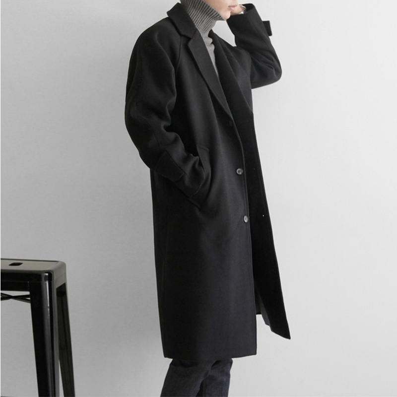 BLACK WOOLEN COAT MENS MID-LENGTH KOREAN VERSION TRENDY HANDSOME WINDBREAKER OVER-THE-KNEE SPRING AND AUTUMN SEASON BRITISH NIZI JACKET HIGH STREET