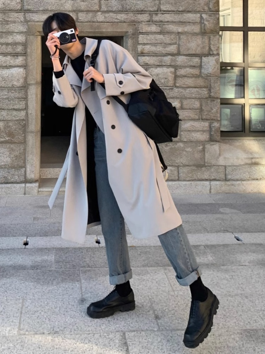 BRITISH TRENCH COAT MENS SPRING AND AUTUMN THIN KOREAN STYLE TRENDY CAPE CAPE HANDSOME HIGH-END COAT MID-LENGTH