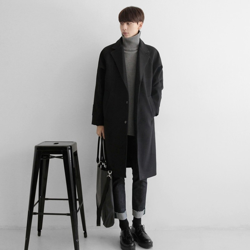 BLACK WOOLEN COAT MENS MID-LENGTH KOREAN VERSION TRENDY HANDSOME WINDBREAKER OVER-THE-KNEE SPRING AND AUTUMN SEASON BRITISH NIZI JACKET HIGH STREET