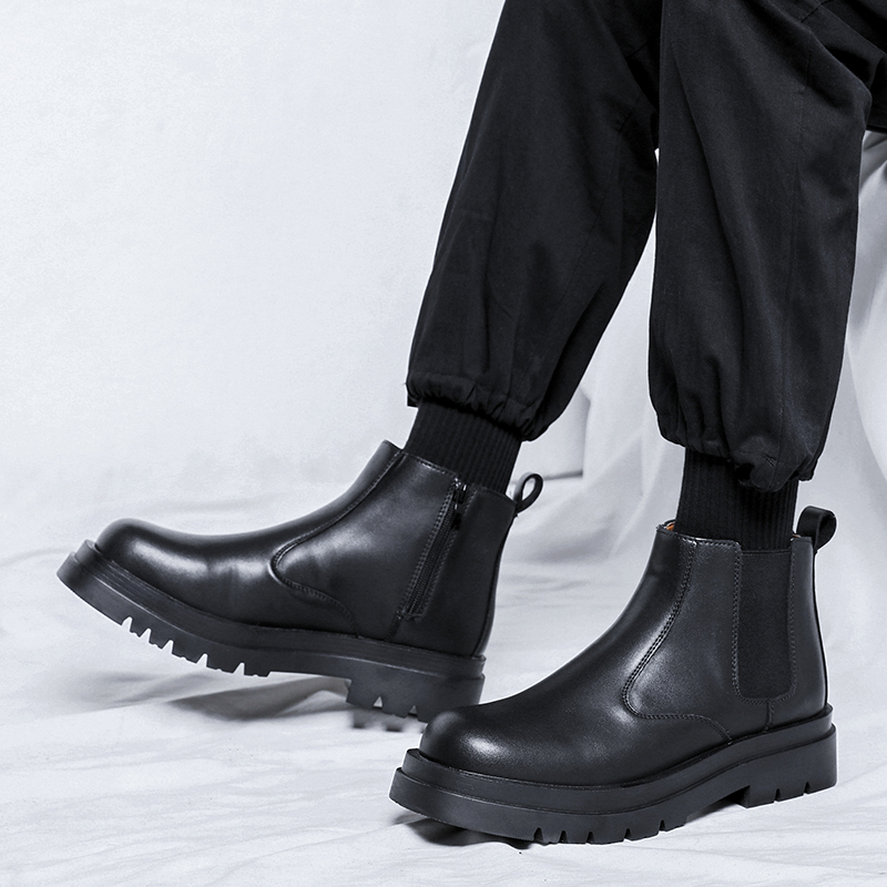 CHELSEA BOOTS MENS LOW-TOP WINTER VERSATILE KOREAN LEATHER ZIPPER BIKE BRITISH STYLE CHIMNEY BOOTS MARTIN BOOTS TRENDY SHOES