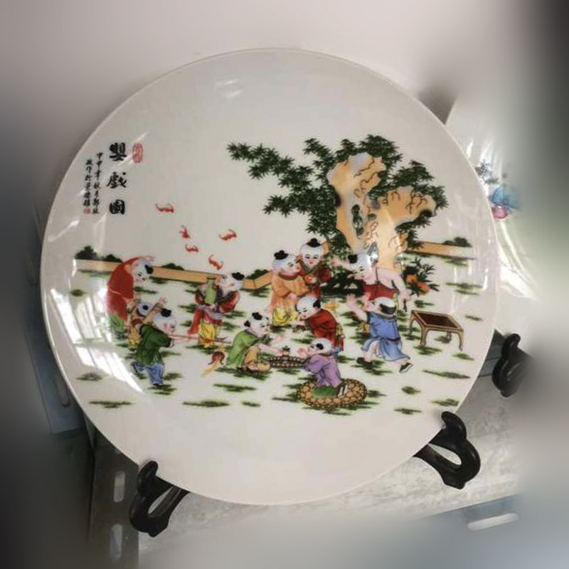 JINGDEZHEN 의상 어린이 도자기 접시 연구 책장 장식 장식품 미술 도자기 접시 많은 어린이와 많은 축복 도자기 접시