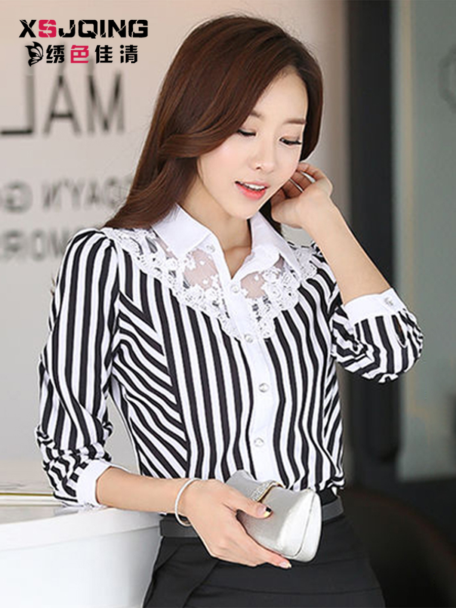 CHIFFON SHIRT WOMENS LONG SLEEVE SPRING AND AUTUMN NEW KOREAN VERSION OF THE FLEECE PLUS-SIZE LACE SHIRT STITCHED STRIPED BASE TOP TIDE