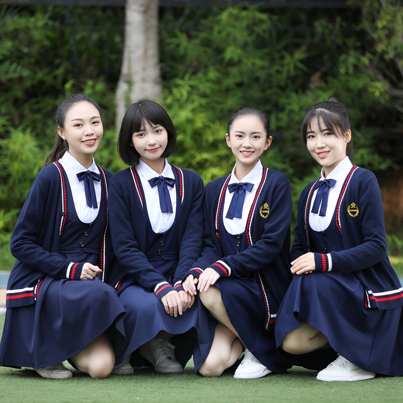 HIGH-END KINDERGARTEN TEACHER GARDEN UNIFORM THREE-PIECE SET OF SPRING AND AUTUMN SWEATER JACKET DRESS NEW KINDERGARTEN TEACHER OVERALLS