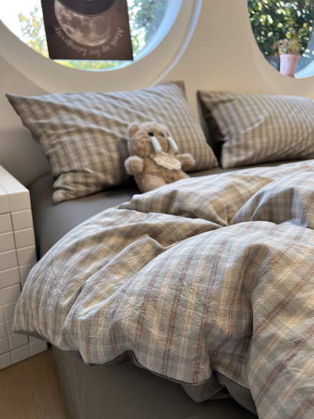 简约日式灰格子纯棉水洗棉四件套公寓床上全棉被套三件套1.5m家用