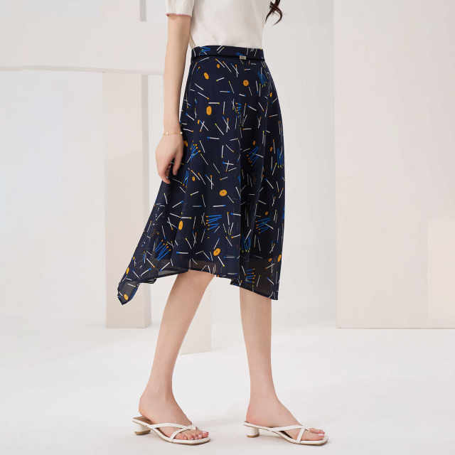 New summer versatile ribbon firework stick printed irregular skirt thin A-line skirt shopping mall same women's clothing
